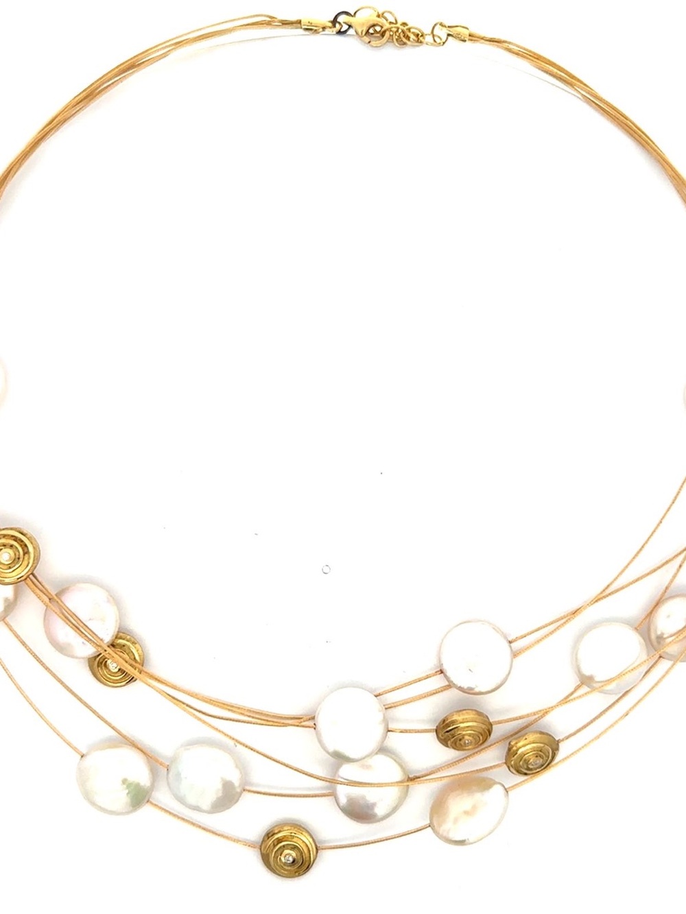 Gold Multi-Strand Necklace with White Mother-of-Pearl Discs